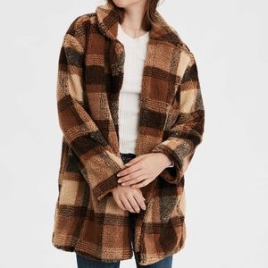 AE Plaid Faux Sherpa Teddy Fuzzy Coat